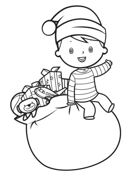 Vector illustration of Santa sack and boy
