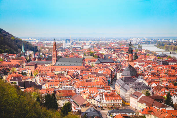 Panoramic view of the old town of Heidelberg on a beautiful sunny day with blue sky and clouds in summer, Baden-Wuerttemberg, Germany