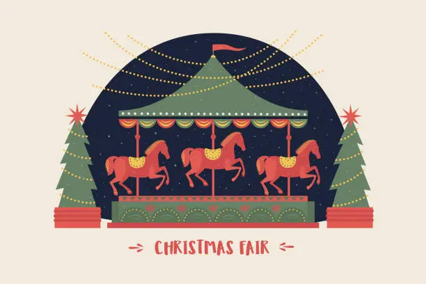 Vector illustration of Greeting card with a festive merry-go-round with horses and garlands on Christmas trees.