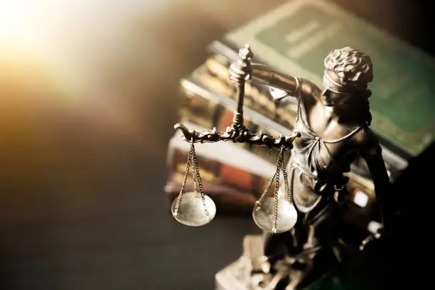 Lady justice. Statue of Justice, Themis, Justitia in library. Justice system concept