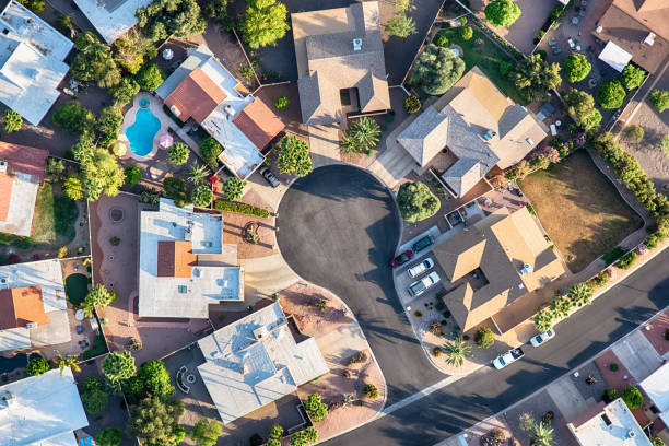 upper middle class neighborhood aerial - land development aerial view planning imagens e fotografias de stock