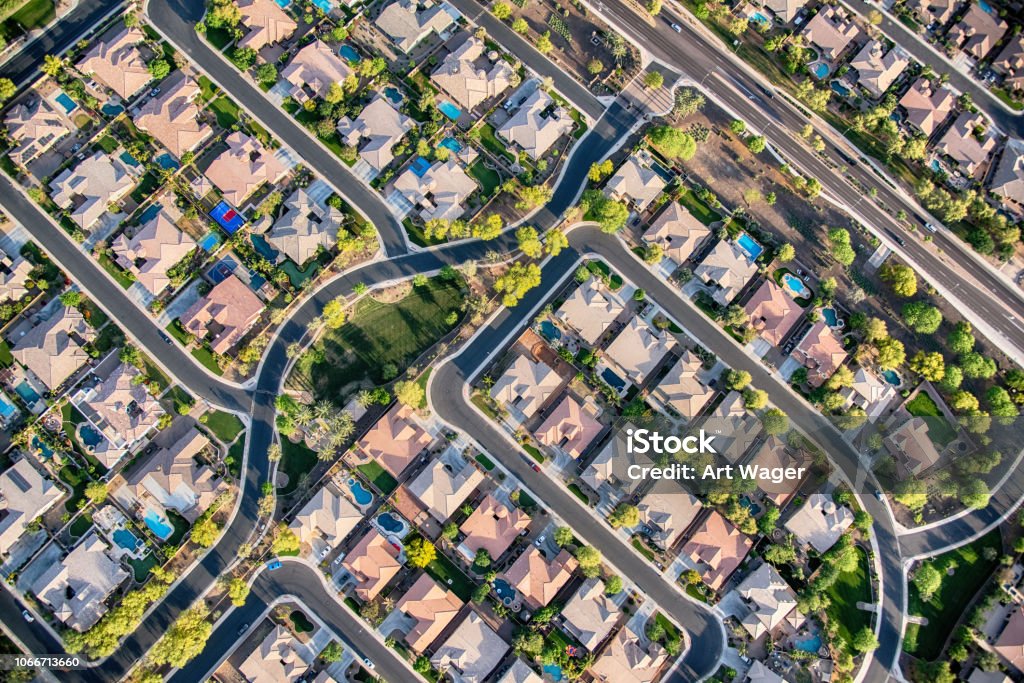 Residential Development Aerial Aerial view looking directly down on homes in a planned exclusive residential community in the Scottsdale area of Arizona. Residential District Stock Photo