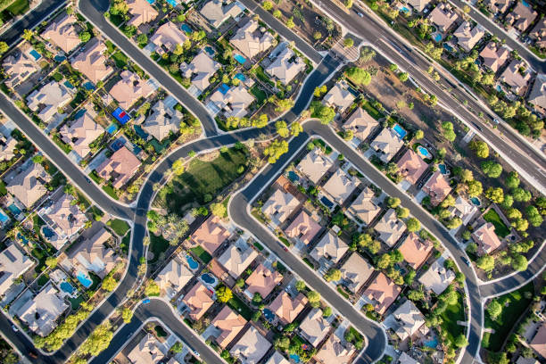 Residential Development Aerial Aerial view looking directly down on homes in a planned exclusive residential community in the Scottsdale area of Arizona. land planning stock pictures, royalty-free photos & images