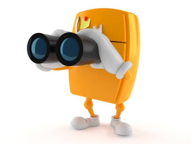 carácter de la nevera buscando a través de binoculares - binoculars watching optical instrument closed fotografías e imágenes de stock