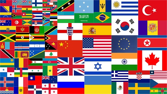 Various country world flags collection close up