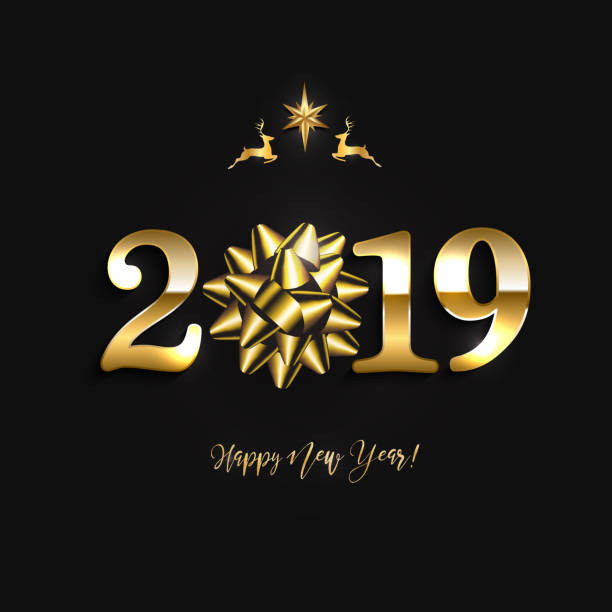 2019、金弓と黒の背景のデザイン レイアウトを新年あけましておめでとうございます。ベクトル図 - confetti gold star shape black点のイラスト素材／クリップアート素材／マンガ素材／アイコン素材