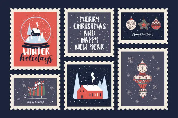 Vector illustration of Set of postage stamps dedicated to the Christmas holidays and the New Year.