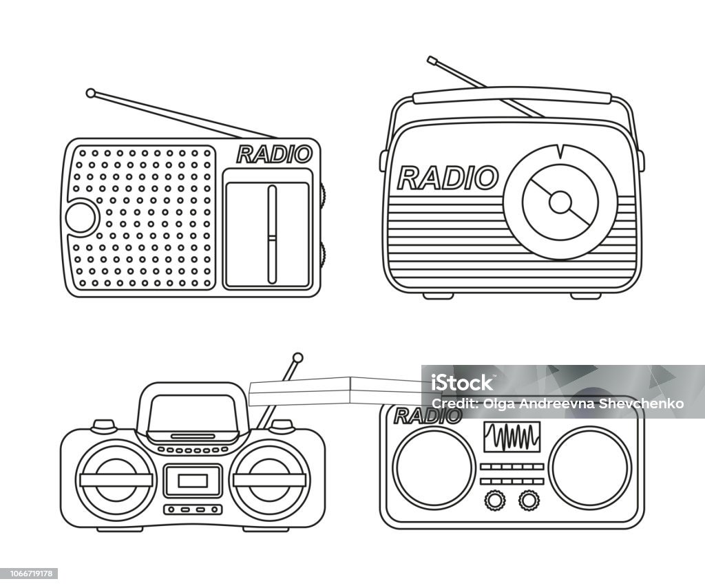 Line art black and white radio element set Line art black and white radio element set. Audio entertament retro device. Media theme vector illustration for icon, stamp, label, badge, certificate, leaflet, poster, brochure or banner decoration Radio stock vector