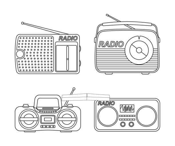 Line art black and white radio element set Line art black and white radio element set. Audio entertament retro device. Media theme vector illustration for icon, stamp, label, badge, certificate, leaflet, poster, brochure or banner decoration analogue radio stock illustrations