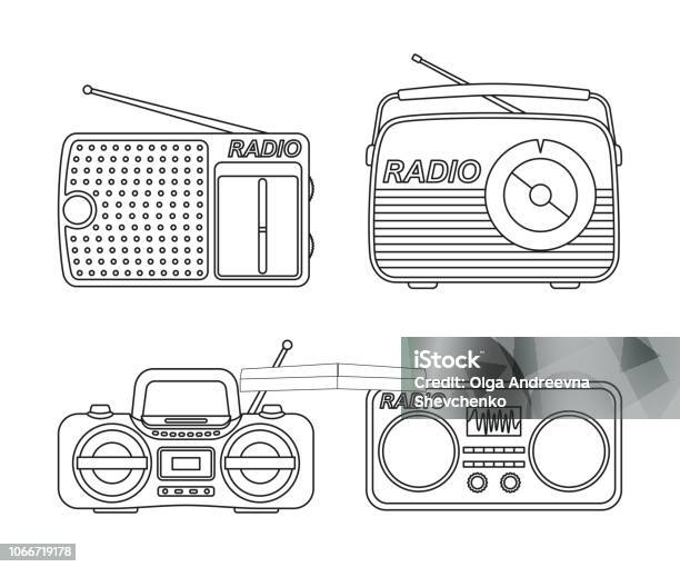 Line Art Black And White Radio Element Set Stock Illustration - Download Image Now - Radio, Old-fashioned, Retro Style