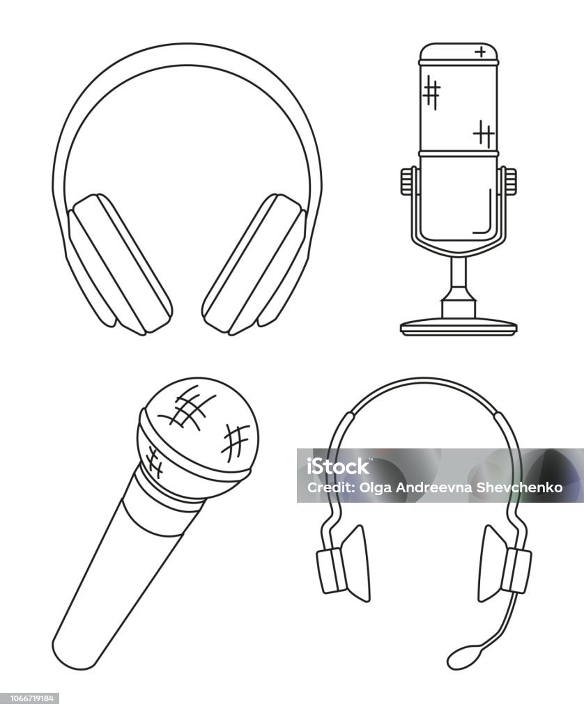 Line art black and white various headset collection Line art black and white various headset collection. Personal audio device. Media theme vector illustration for icon, logo, stamp, label, badge, certificate, leaflet, poster, brochure or banner decoration Headphones stock vector