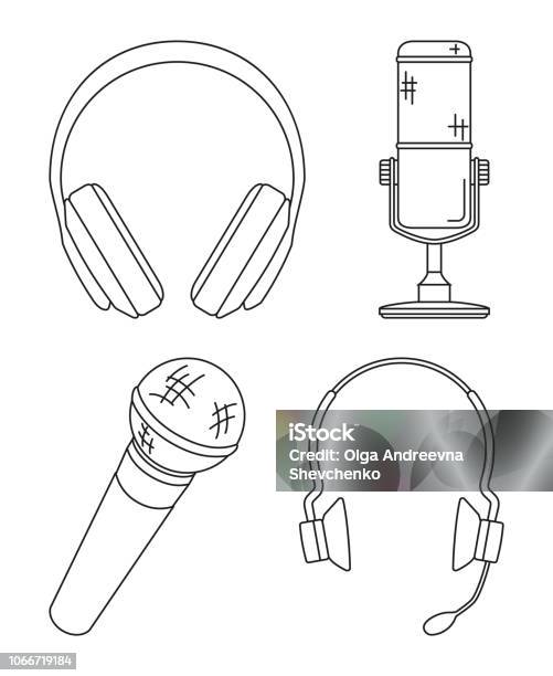 Line Art Black And White Various Headset Collection Stock Illustration - Download Image Now