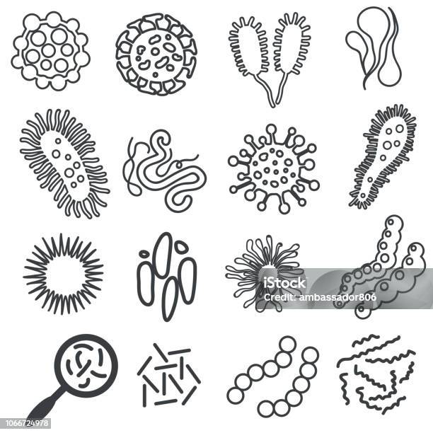 Microscopic Viruses Linear Design Various Shape Bacteria Infection Set Vector Stock Illustration - Download Image Now
