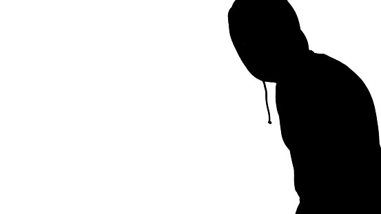 Black Shadow Of Male Thief Wearing Hoodie On White Background