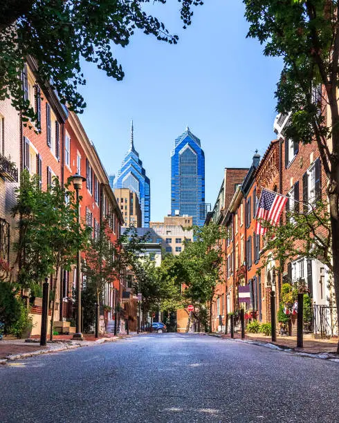 View of of South Smedley Street in Philadelphia with the downtown buildings in the background