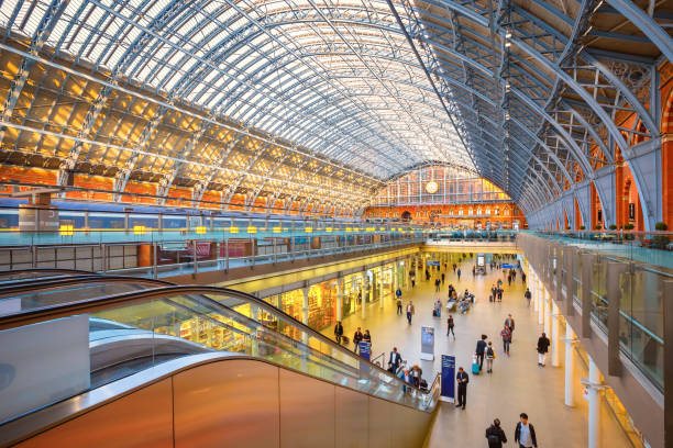 St. Pancras station in London, UK London, UK - May 14 2018: St Pancras station is a central London railway terminus. It is the terminal station for Eurostar continental services from London to France, Belgium and Netherlands Eurostar stock pictures, royalty-free photos & images