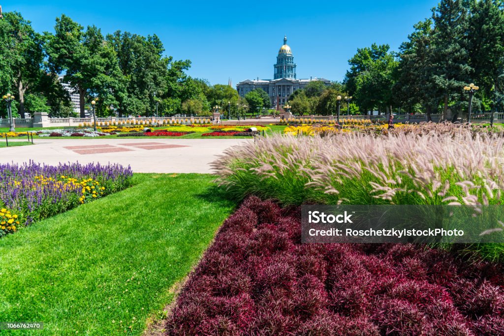 Colors gardens in front of Colorado State capitol green space Denver , Colorado - Colors gardens in front of Colorado State capitol green space during summer time blue sky sunny day Denver Stock Photo