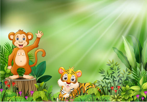 illustrations, cliparts, dessins animés et icônes de scène de la nature avec un singe assis sur tiger et souche d’arbre - big cat fun cute yellow