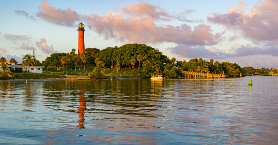 Jupiter Inlet, Florida with the lighthouse at dusk.