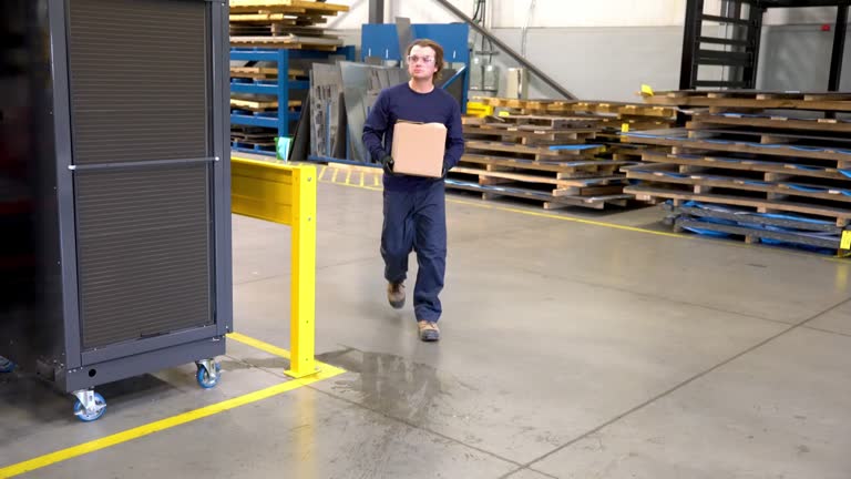 A young factory worker slips on some water leaking from a cooler.