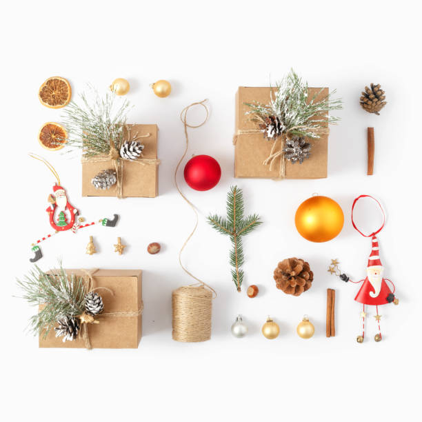 istock Flat lay set Christmas decoration white background top view 1066802658
