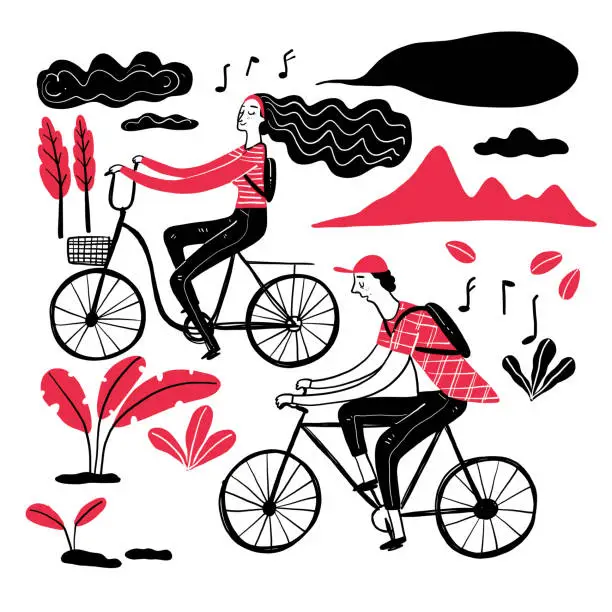 Vector illustration of Couple cycling in the park