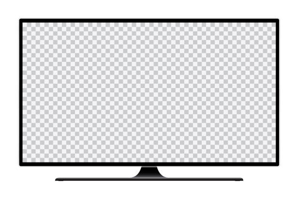 realistische darstellung der schwarzen tv mit ständer und transparent isoliert bildschirm mit platz für ihren text oder bild - vektor - high def stock-grafiken, -clipart, -cartoons und -symbole