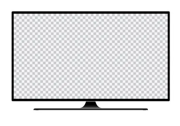 Vector illustration of Realistic illustration of black TV with stand and blank transparent isolated screen with space for your text or image - vector