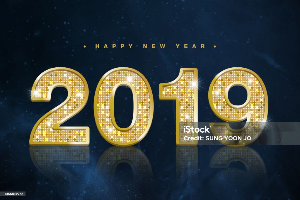 Feliz año nuevo Banner con los números de oro 2019 en textura de fondo de espacio ultraterrestre estrellado - Foto de stock de 2019 libre de derechos