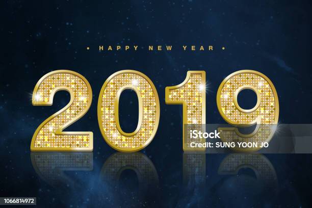 Happy New Year Banner With Gold 2019 Numbers On Starry Outer Space Background Texture Stock Photo - Download Image Now