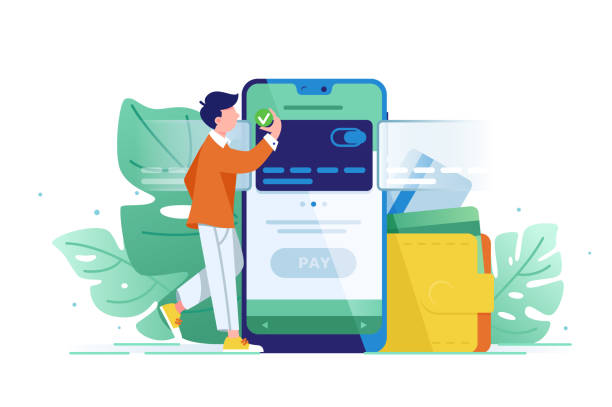 Young wealthy man pays card using mobile payment. Young wealthy man pays card using mobile payment. Concept visa, web, modern, mobile translation. Vector illustration. paying illustrations stock illustrations