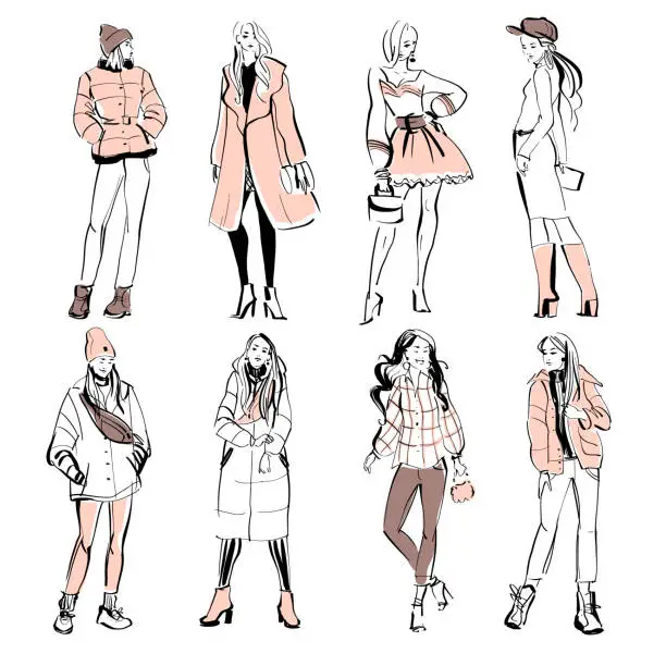 Vector illustration of Vector fashion illustration of modern young girl models in spring autumn cloth collection isolated on white background.