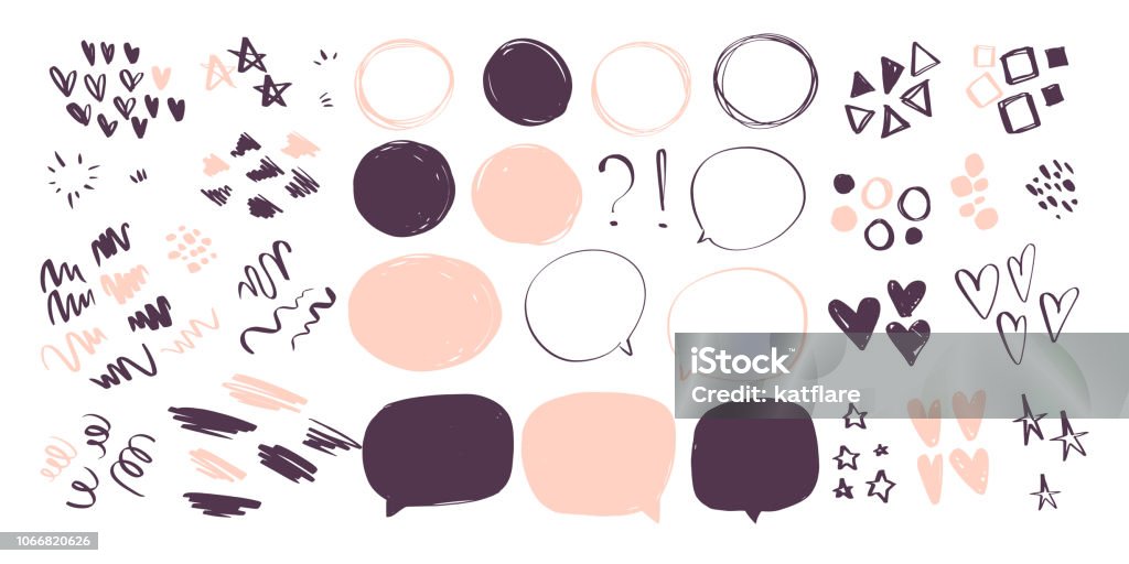 Vector collection of abstract hand drawn doodle elements in sketch style on white background - heart, star, line waves,  lipstick stroke, geometric shapes, speech bubbles. Vector collection of abstract hand drawn doodle elements in sketch style on white background - heart, star, line waves,  lipstick stroke, geometric shapes, speech bubbles. Perfect for fashion patterns Speech Bubble stock vector
