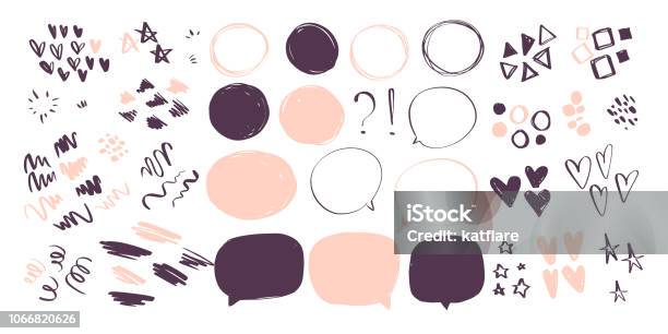 Vector Collection Of Abstract Hand Drawn Doodle Elements In Sketch Style On White Background Heart Star Line Waves Lipstick Stroke Geometric Shapes Speech Bubbles Stock Illustration - Download Image Now