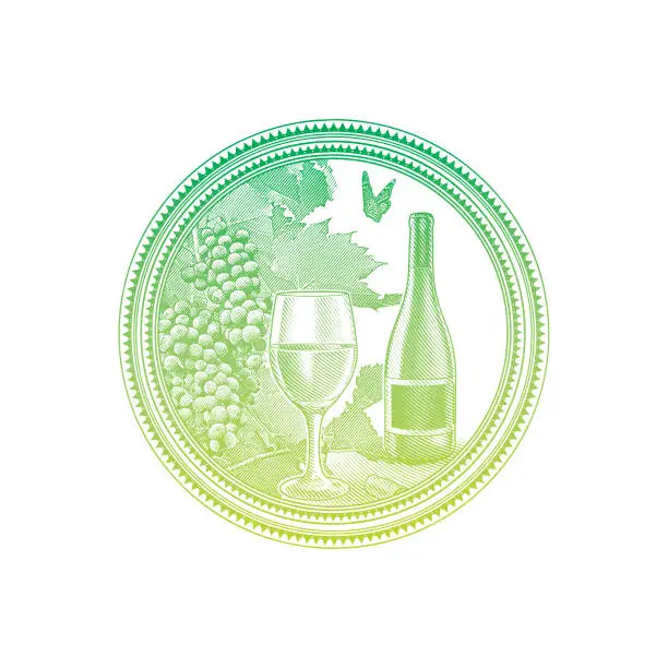 Vector illustration of Vineyard grapes and glass of wine in circle frame