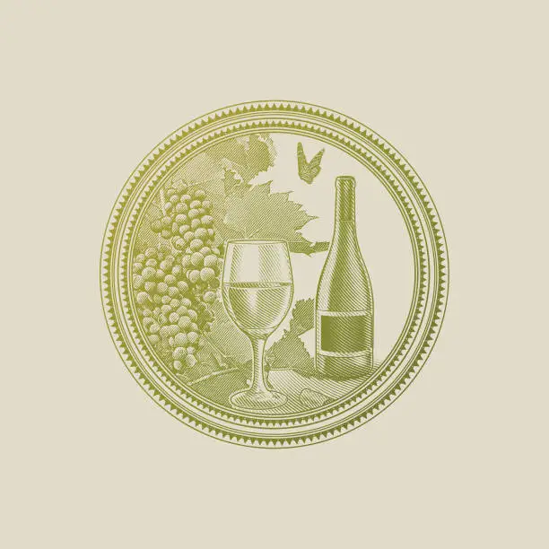 Vector illustration of Vineyard grapes and glass of wine in circle frame