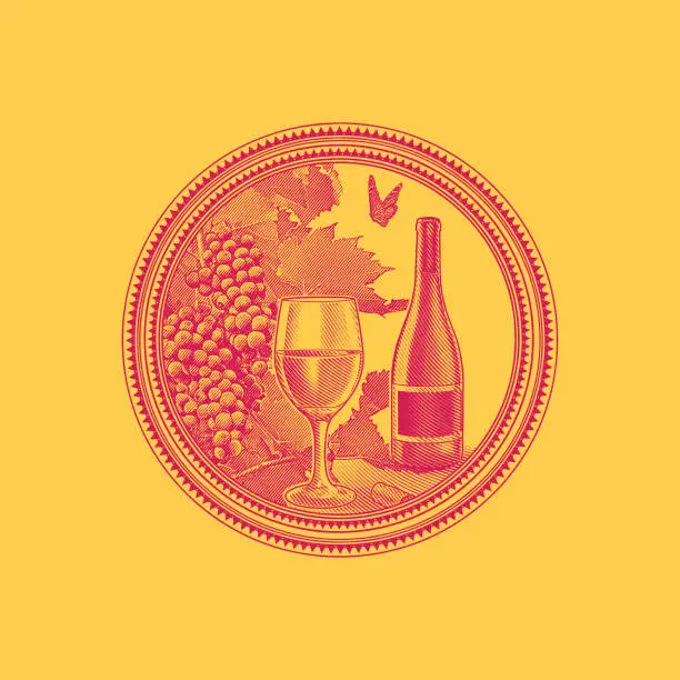 Vector illustration of Vineyard grapes and glass of wine in circle frame