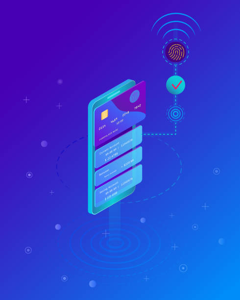 istock Mobile payment concept, Smartphone with processing of mobile payments from credit card. Digital fingerprint identification on smartphone. Internet banking, online purchasing and transaction.  Vector 1066823610