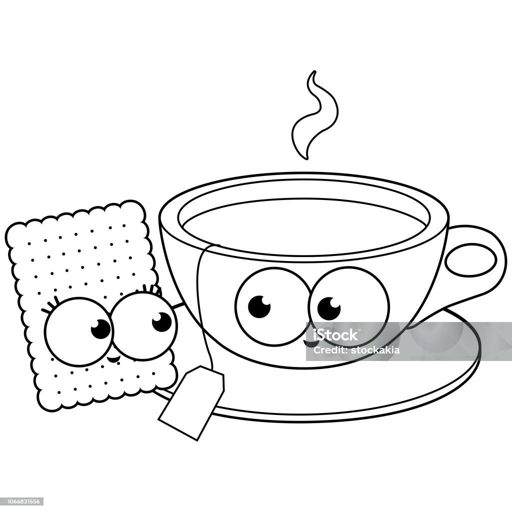 Tea and cookie characters. Black and white coloring book page Vector illustration of a cartoon character cup of tea and a cookie. Black and white coloring book page Tea - Hot Drink stock vector