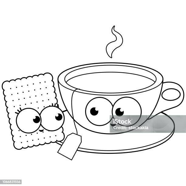 Tea And Cookie Characters Black And White Coloring Book Page Stock Illustration - Download Image Now