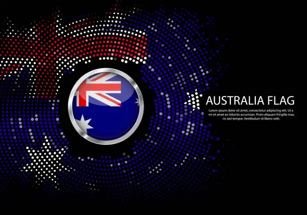 Vector illustration of Background Halftone gradient template or LED neon Light on round Dots style of australia flag.  Modern soccer cup for futuristic background with circle metallic round of australia flag. Vector.