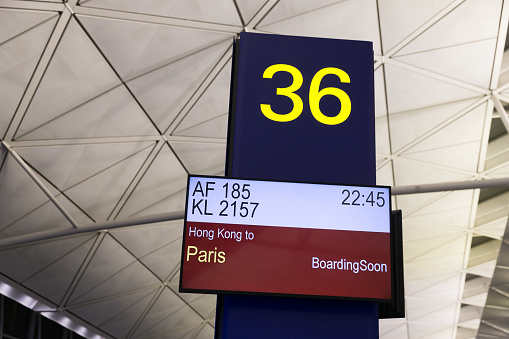 Hong Kong, Hong Kong - October 3, 2018 : Boarding Gate at the Hong Kong International Airport. The flight is going to Paris.