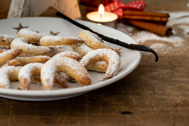 Traditional Christmas Cookies vanilla crescents stock photo