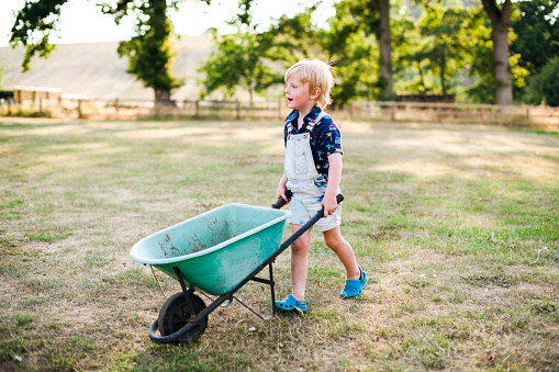 Young boy pushing a wheelbarrow
