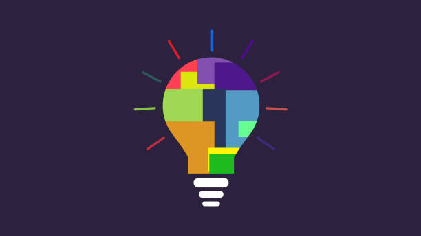 ilustraciones, imágenes clip art, dibujos animados e iconos de stock de idea color espectro icono bombilla como metáfora de la idea - symbol expertise brain power