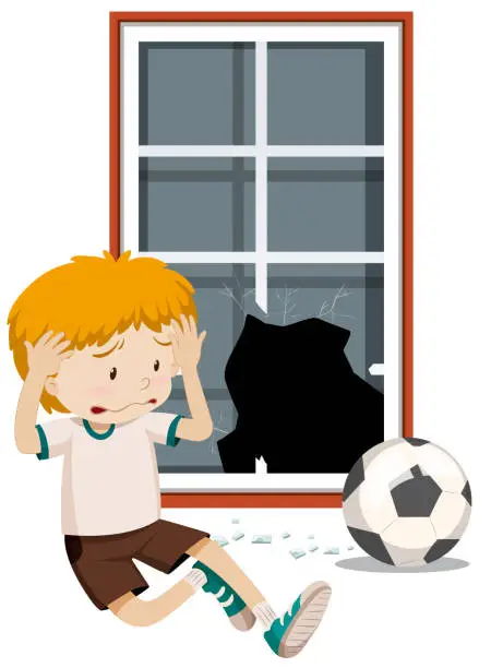 Vector illustration of A boy break window with football