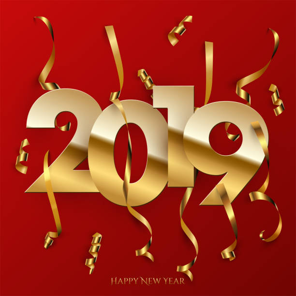 ilustrações de stock, clip art, desenhos animados e ícones de 2019 new year poster template. vector golden 2019 sign with golden serpentine pieces isolated on red background. - ribbon curled up hanging christmas