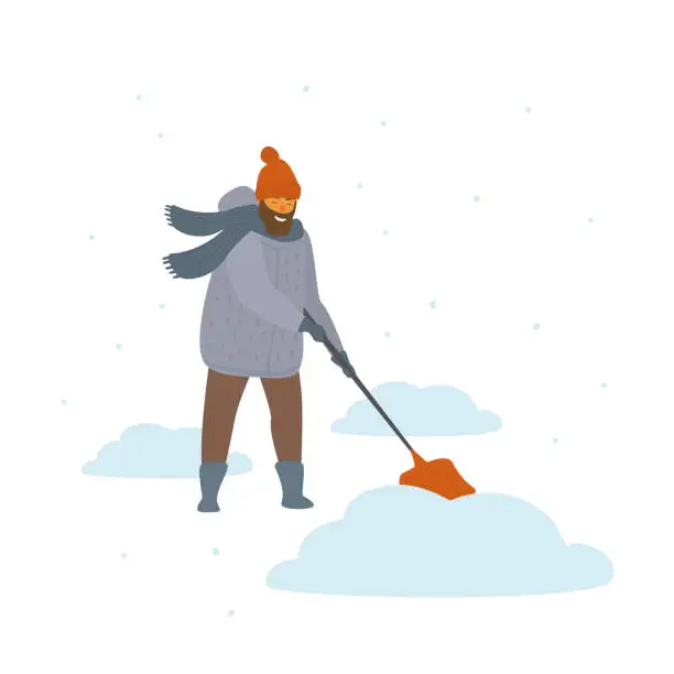 Vector illustration of man clean up shovelling snow drifts cartoon isolated vector illustration winter scene