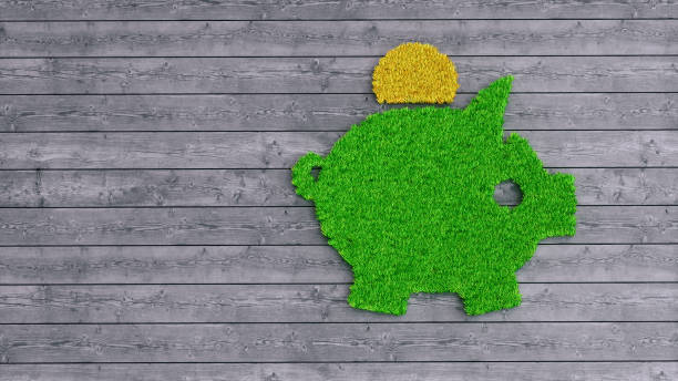 Piggy bank symbol made from artificial grass on dark wood