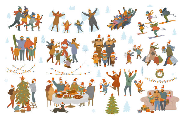 merry christmas and winter family set merry christmas and winter family set, parents and children shopping, sledding, ice skating, skiing, make snowman, sing carols, celebrate xmas evening, have dinner, decorate tree, exchange presents scenes family christmas stock illustrations